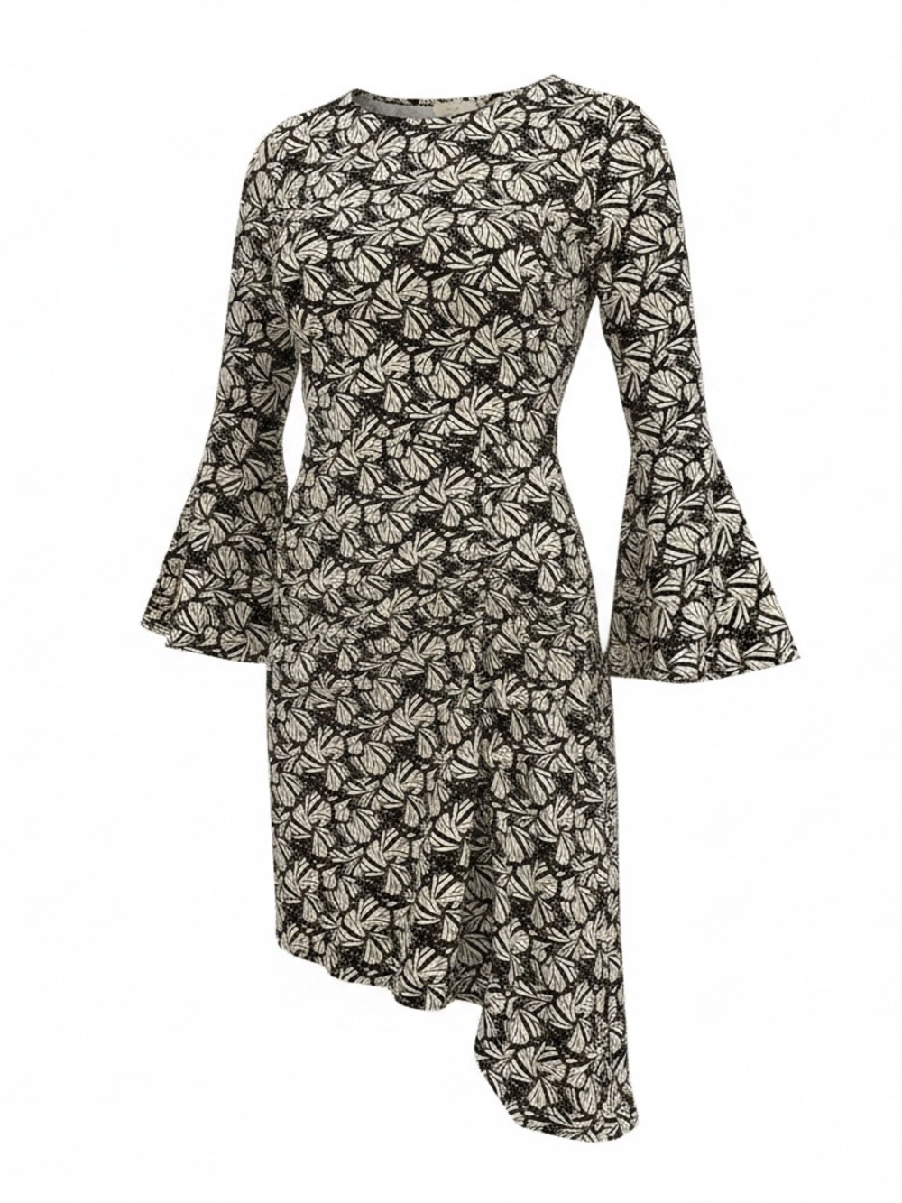 intro. Black and White Floral Asymmetric Bell-Sleeve Dress